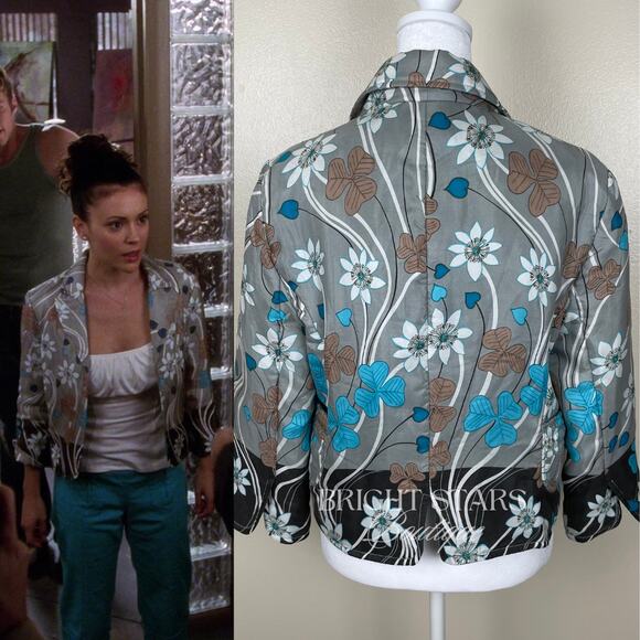 Rare Floral Silk Jacket ASO Phoebe Halliwell Charmed Gray Blue Flower Medium - Picture 4 of 11